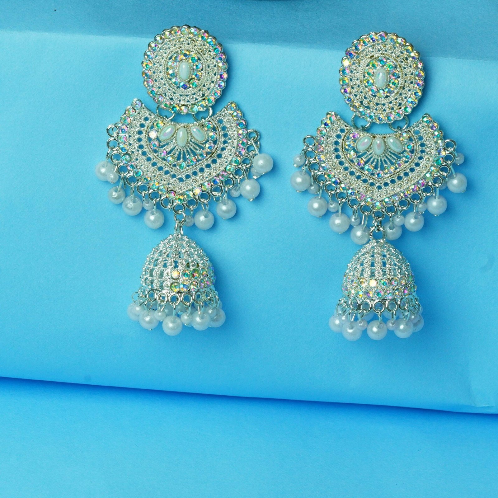 White Pearl & Kundan Dangler Earrings - Image 3