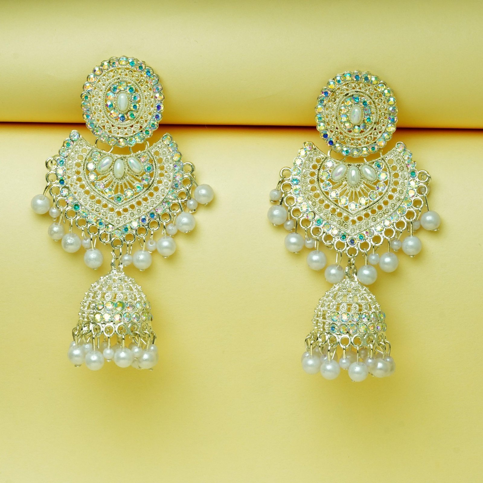 White Pearl & Kundan Dangler Earrings - Image 2