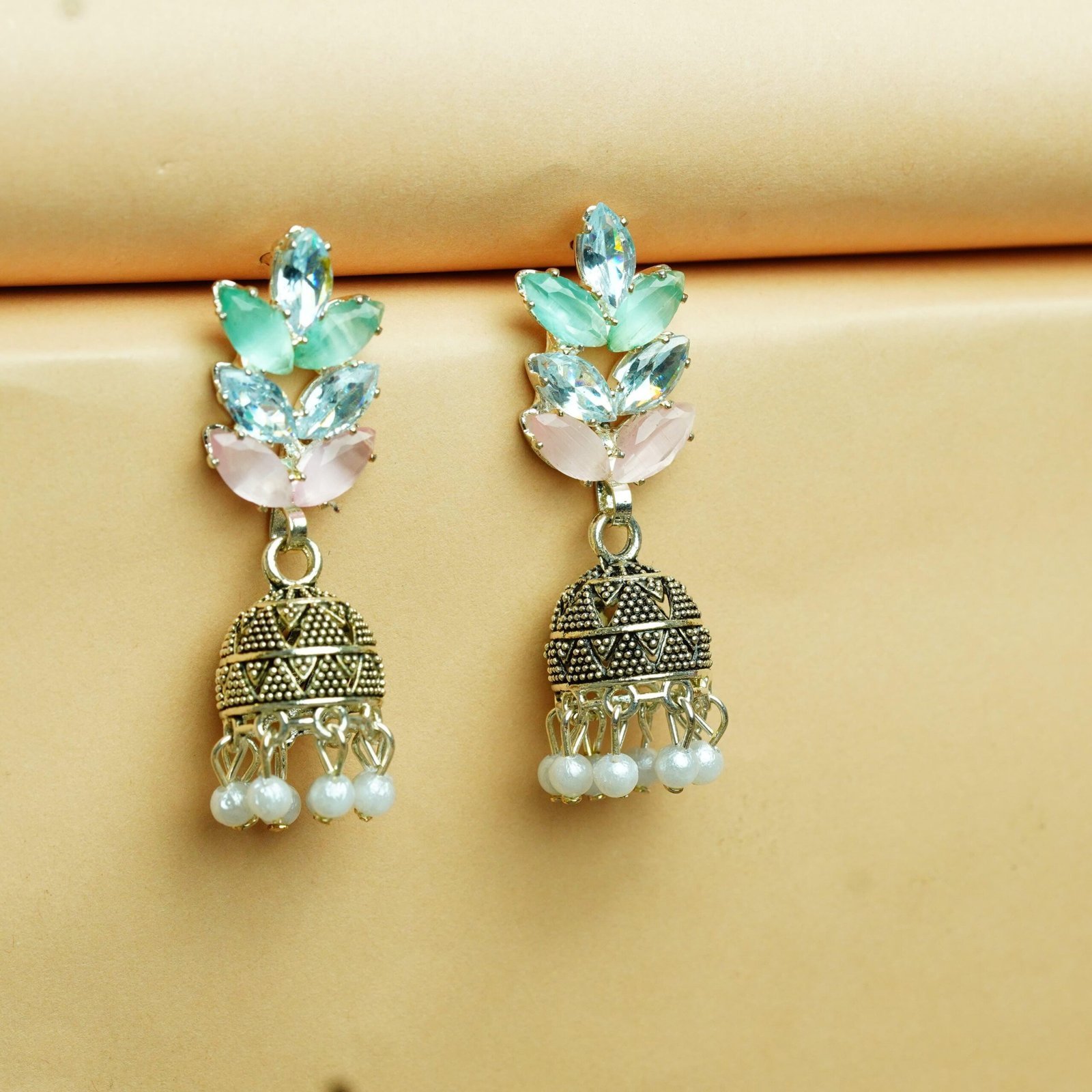 Contemporary Leaf & Pearl Jhumka - Image 2
