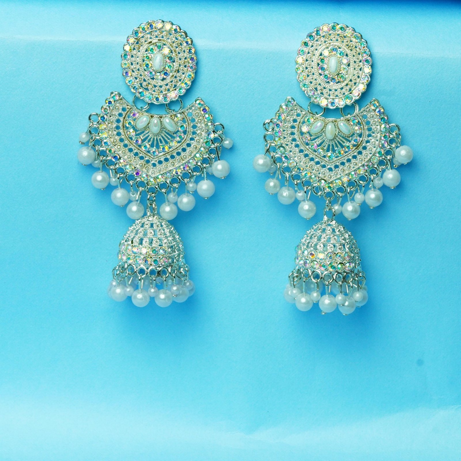 White Pearl & Kundan Dangler Earrings - Image 6