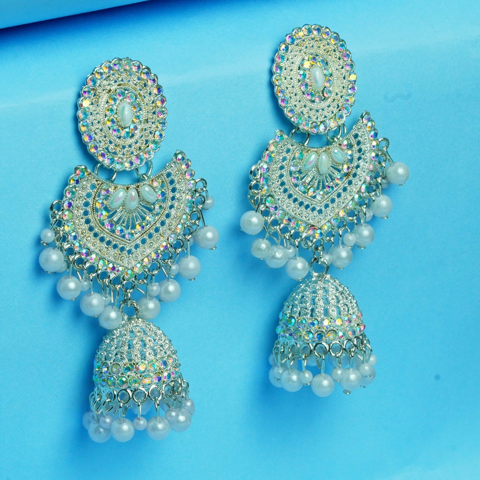White Pearl & Kundan Dangler Earrings - Image 4
