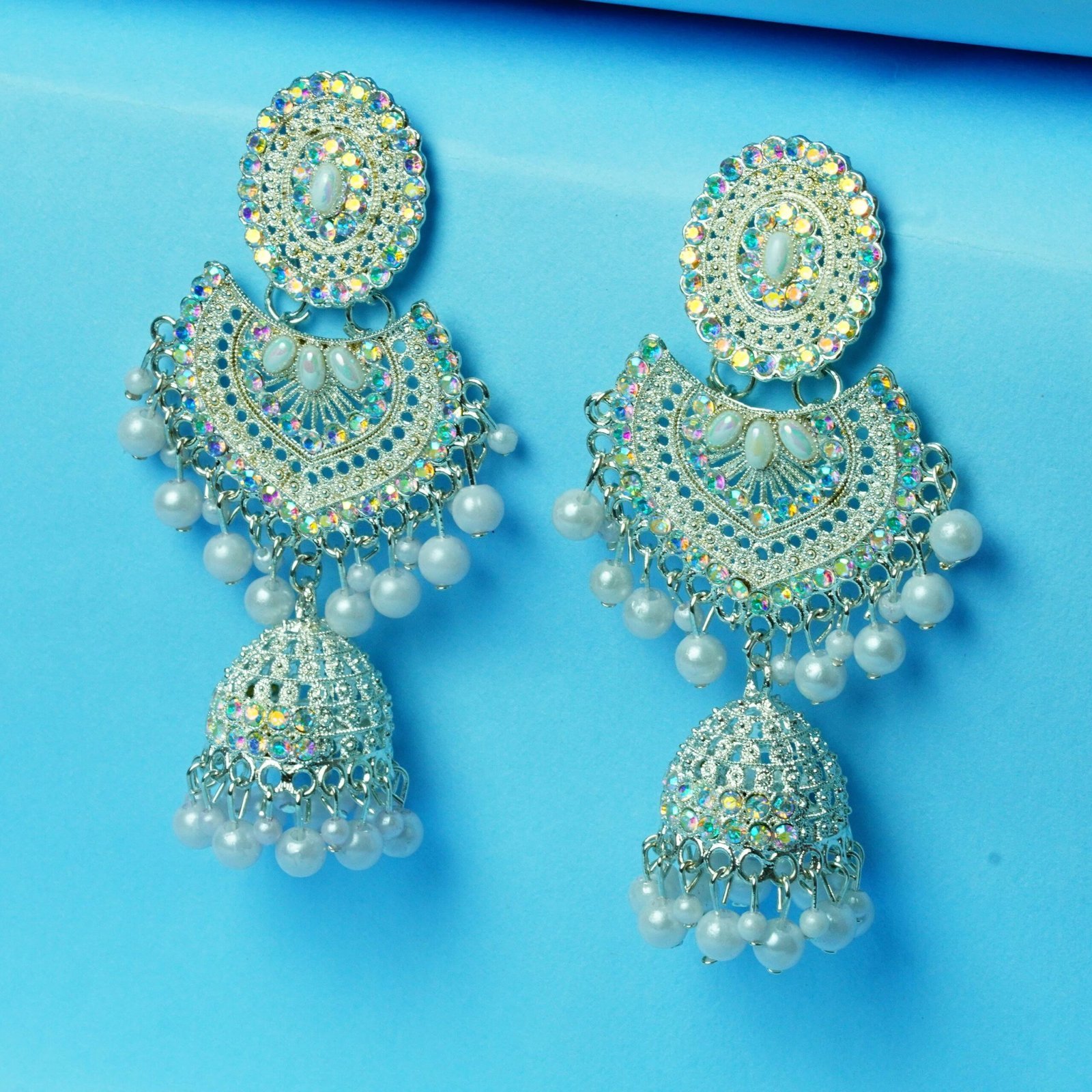 White Pearl & Kundan Dangler Earrings - Image 5
