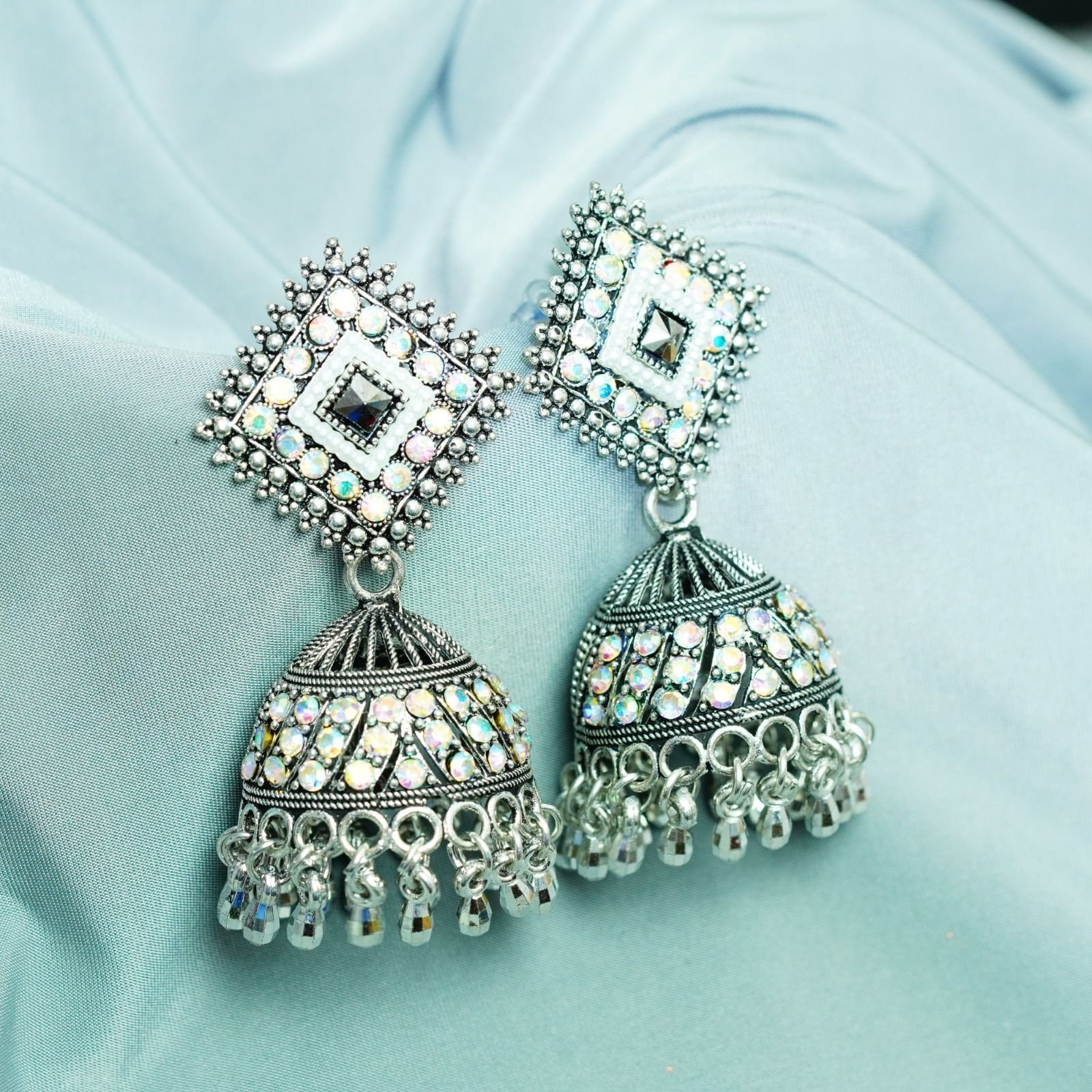 Diamond Cut Studded Jhumkas - Image 3