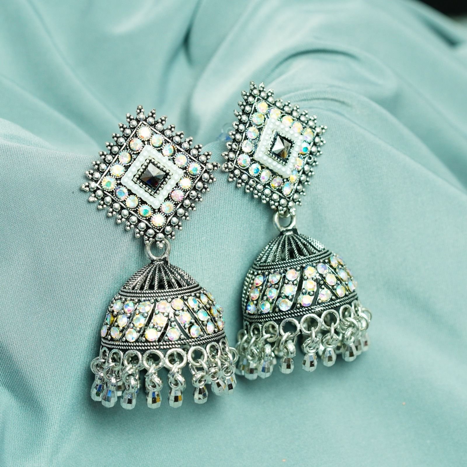 Diamond Cut Studded Jhumkas - Image 2
