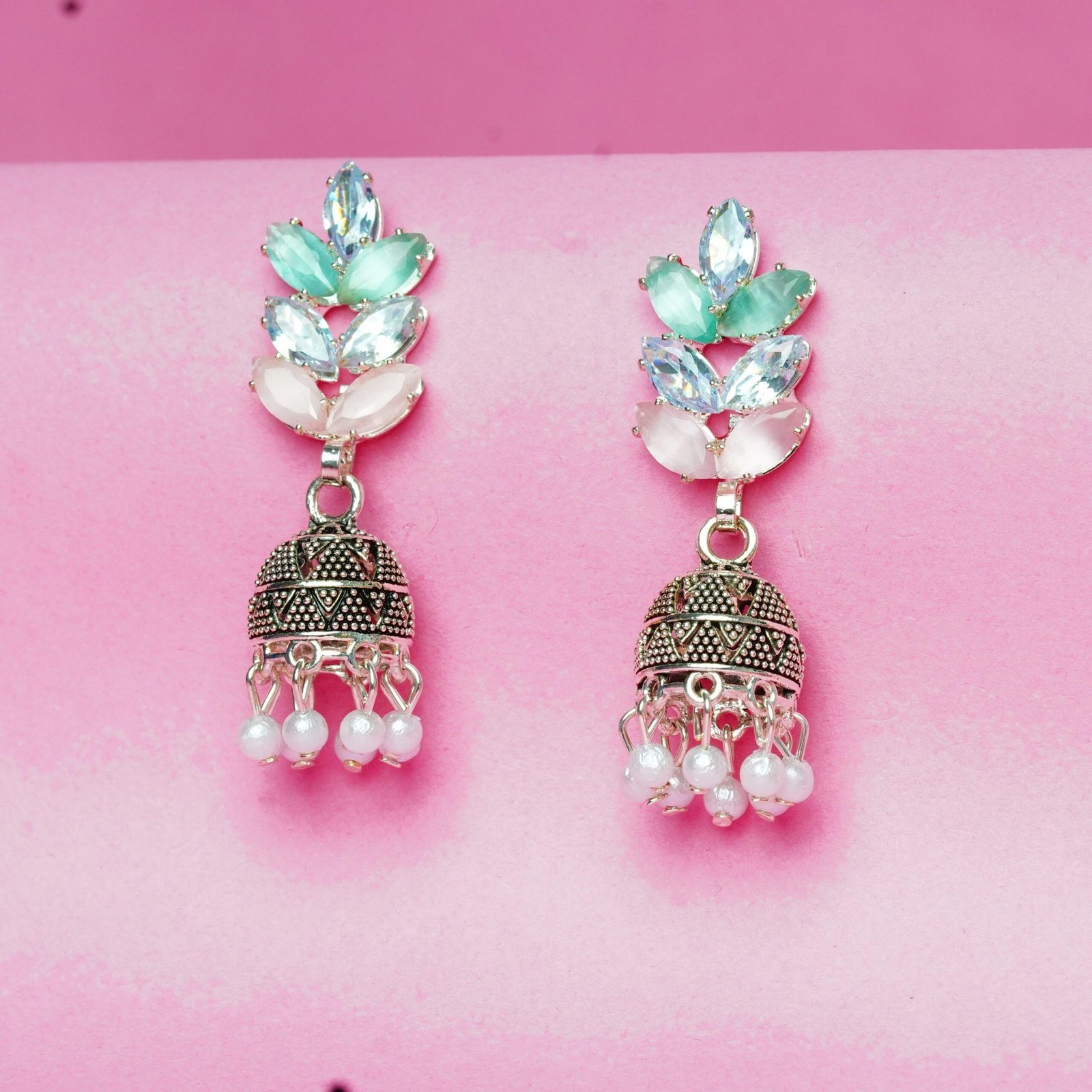 Contemporary Leaf & Pearl Jhumka - Image 4