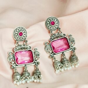 Gemstone & Pearl Dangler Jhumka Earrings - Pink diamond
