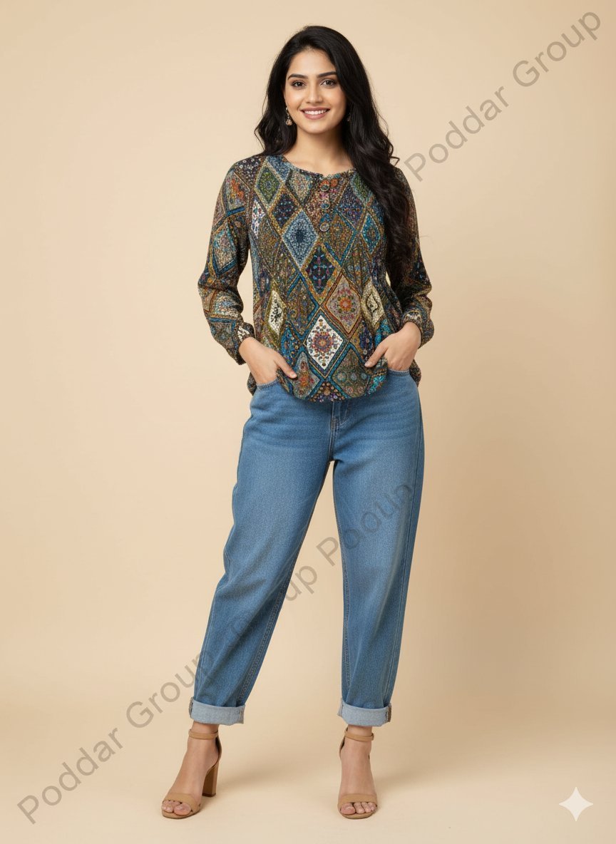 Intricate Patchwork Print Blouse with Button Detail