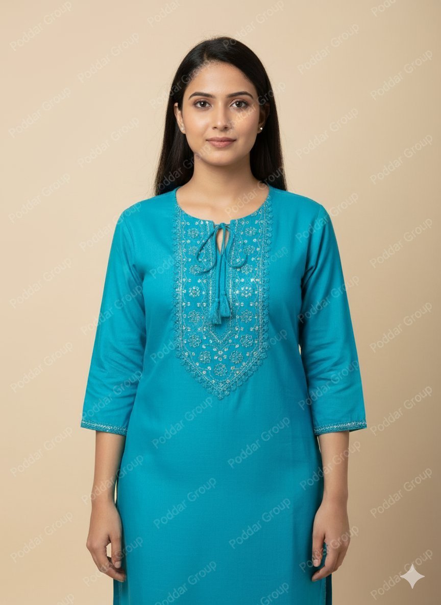 Embroidered Neckline Kurti with Tie Detail
