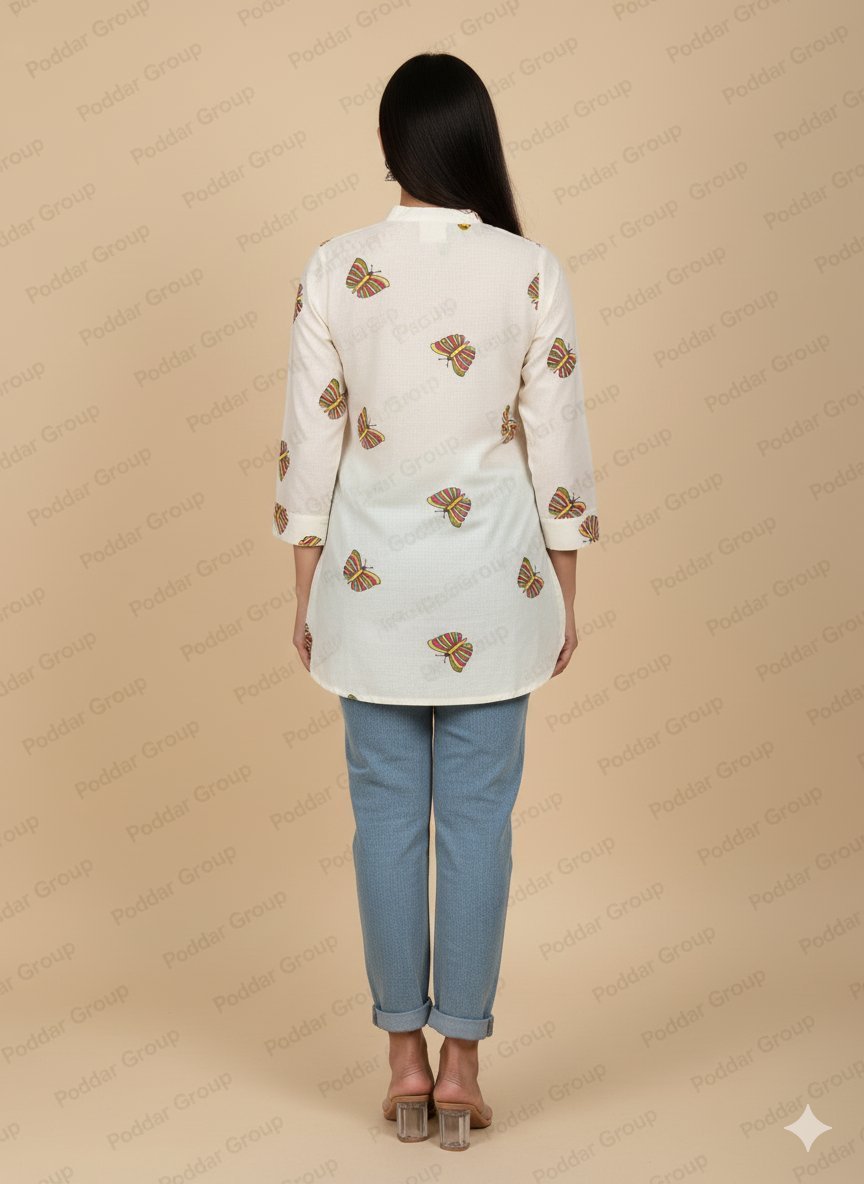 Charming Off-White Butterfly Print Kurti/Tunic - Image 2
