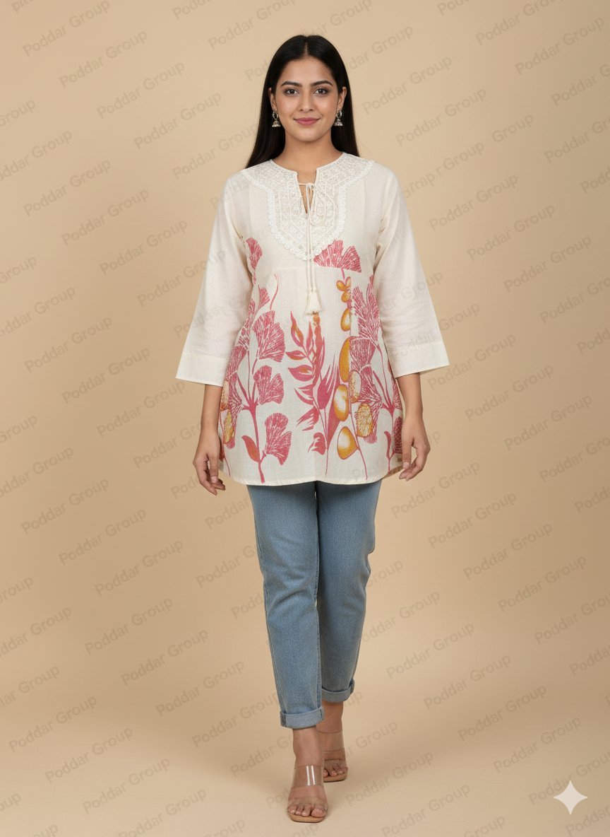 Off-White Tunic with Pink Botanical Print & Crochet Detail