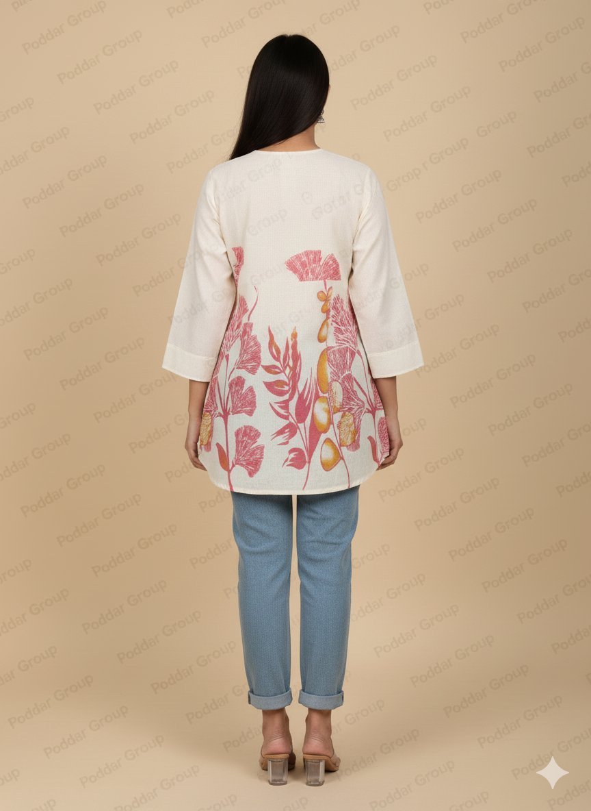 Off-White Tunic with Pink Botanical Print & Crochet Detail - Image 2