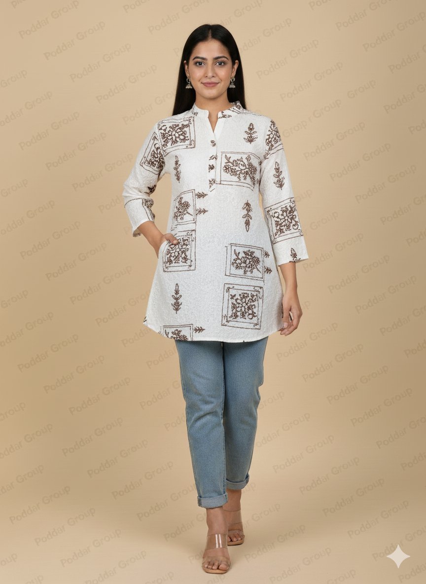 White Textured Tunic with Geometric Block Print