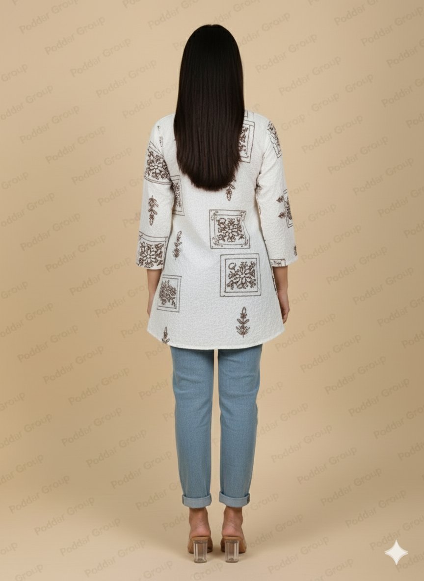 White Textured Tunic with Geometric Block Print - Image 2