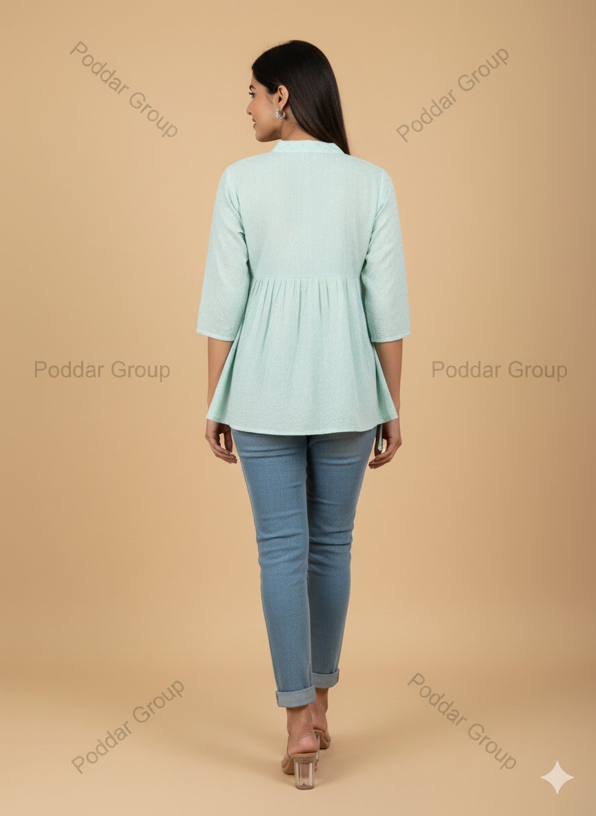 Mint Green Dotted Peplum Top with Lace Yoke - Image 2