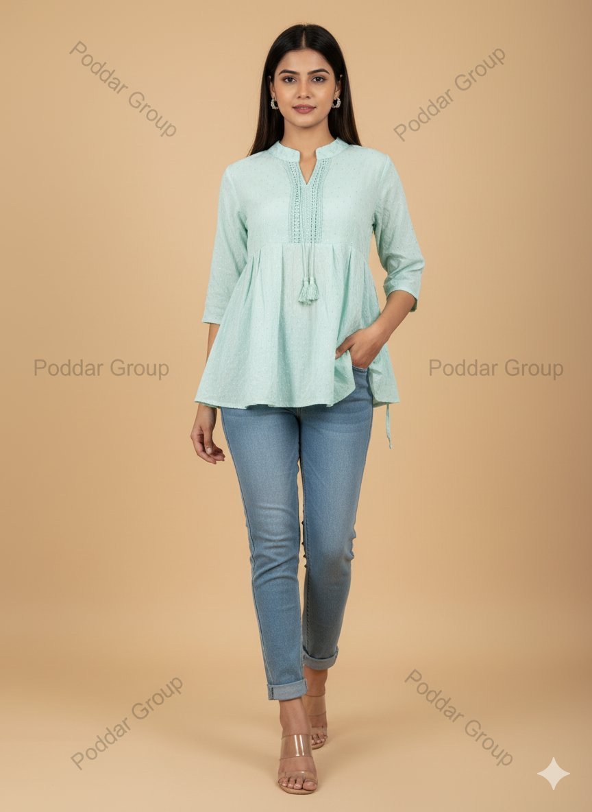 Mint Green Dotted Peplum Top with Lace Yoke