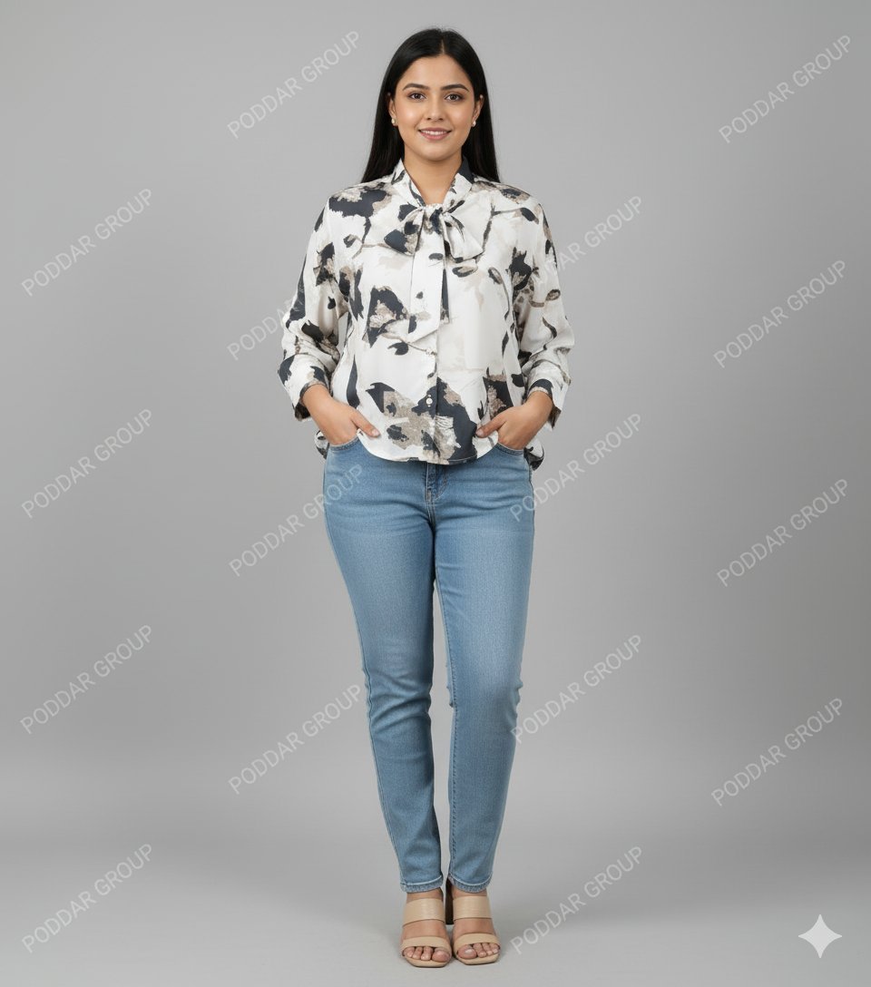 Monochrome Print Full-Sleeve Collared Top