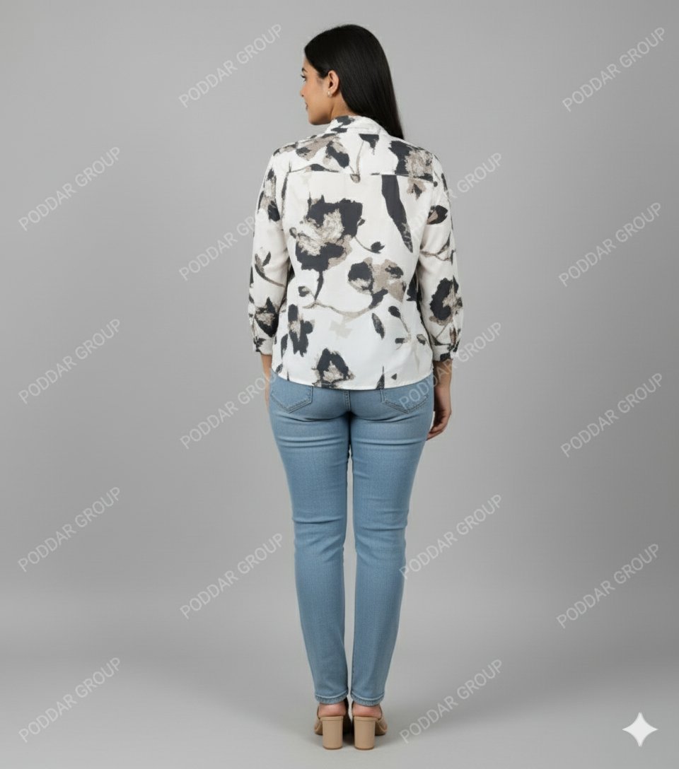 Monochrome Print Full-Sleeve Collared Top - Image 2