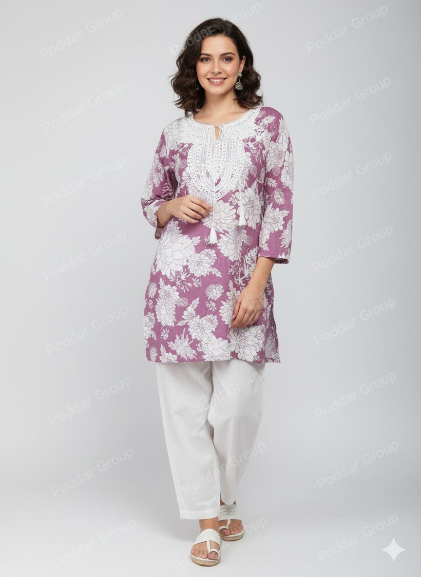 Chic Lavender Kurti with Crochet Lace Neckline