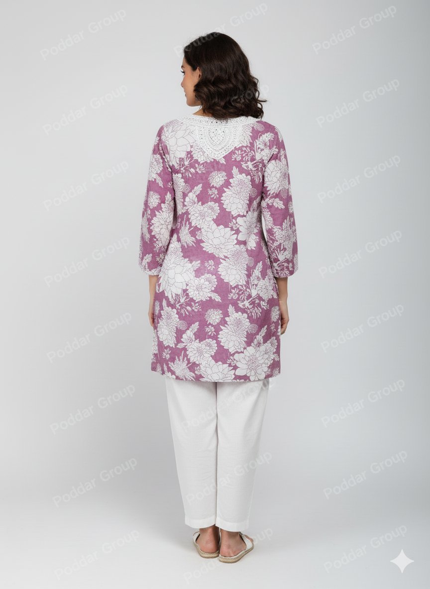 Chic Lavender Kurti with Crochet Lace Neckline - Image 2