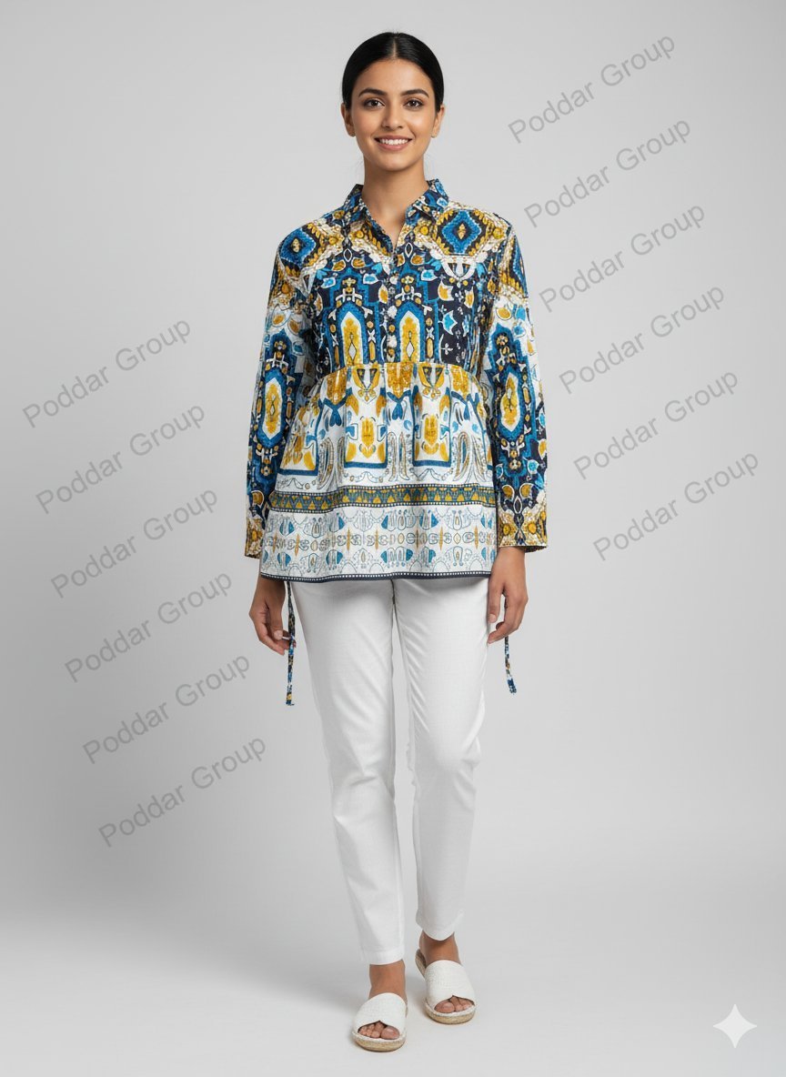 Bohemian Paisley Print Tunic with Button-Up Front