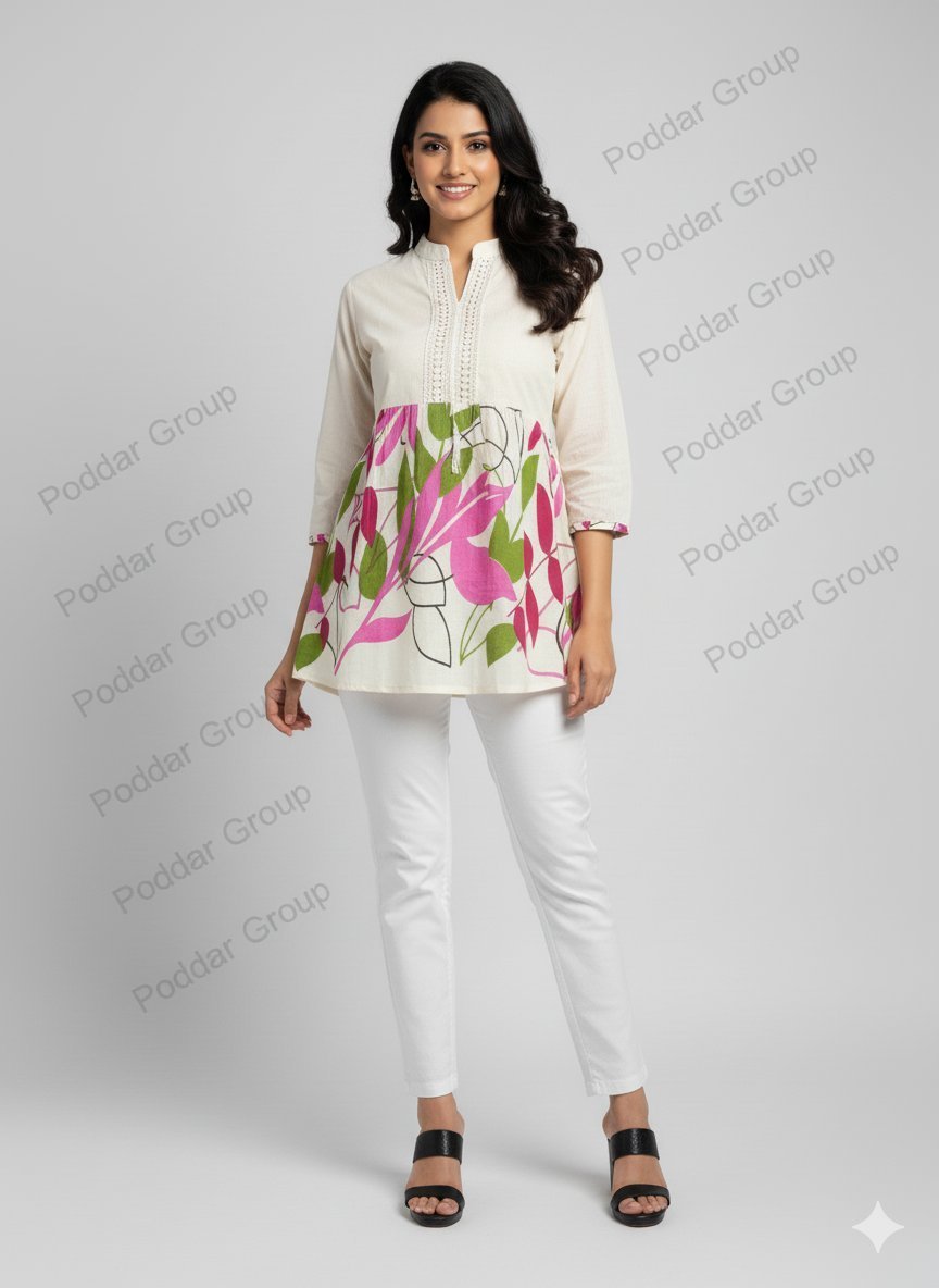 Modern Leaf Print Kurti with Lace Yoke