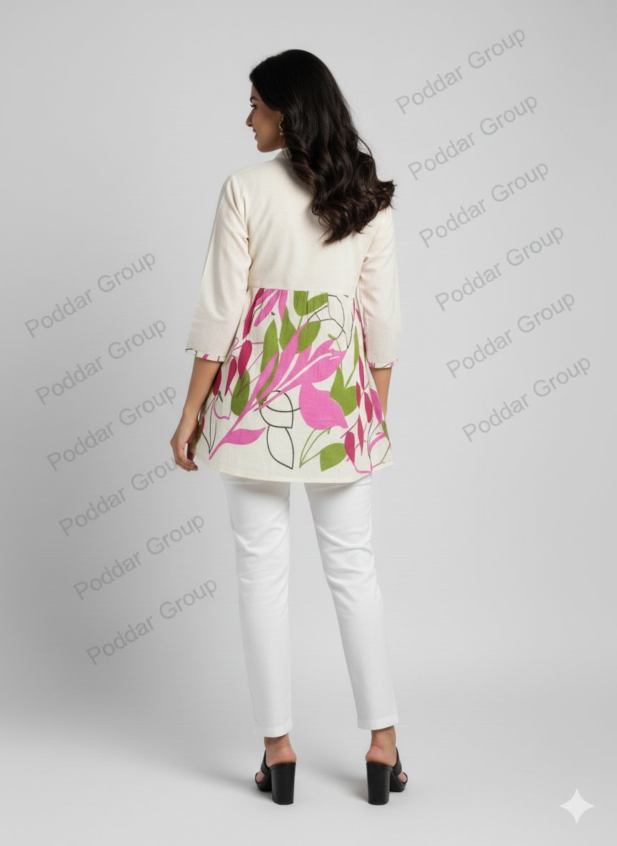 Modern Leaf Print Kurti with Lace Yoke - Image 2