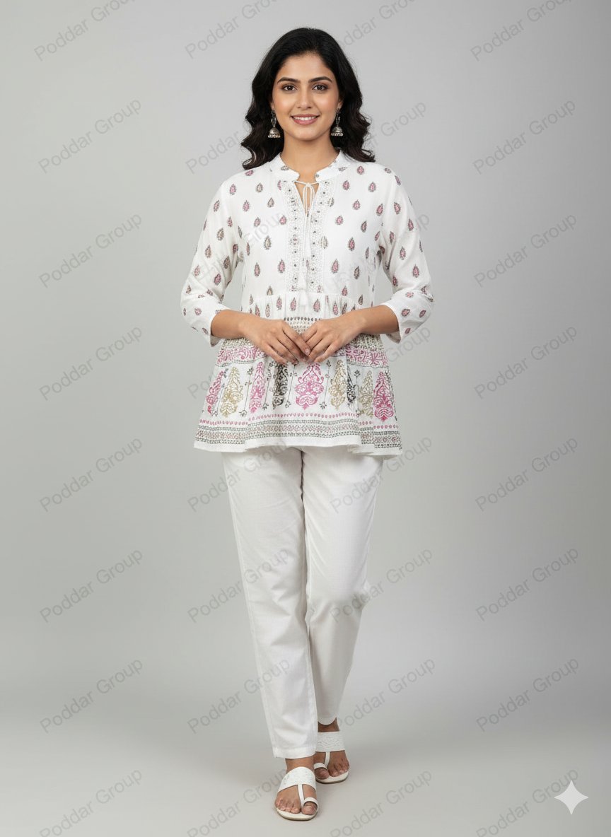 Bohemian White Tunic with Pink and Gold Print