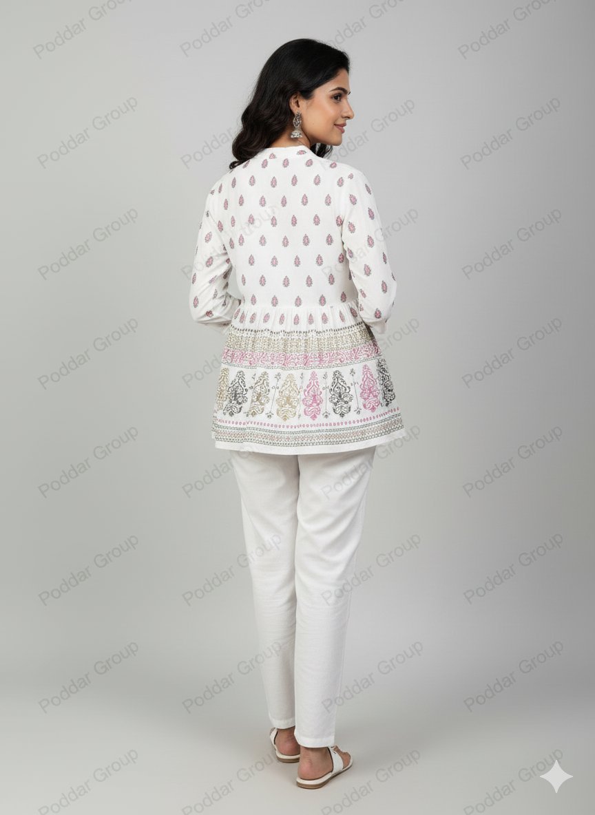 Bohemian White Tunic with Pink and Gold Print - Image 2