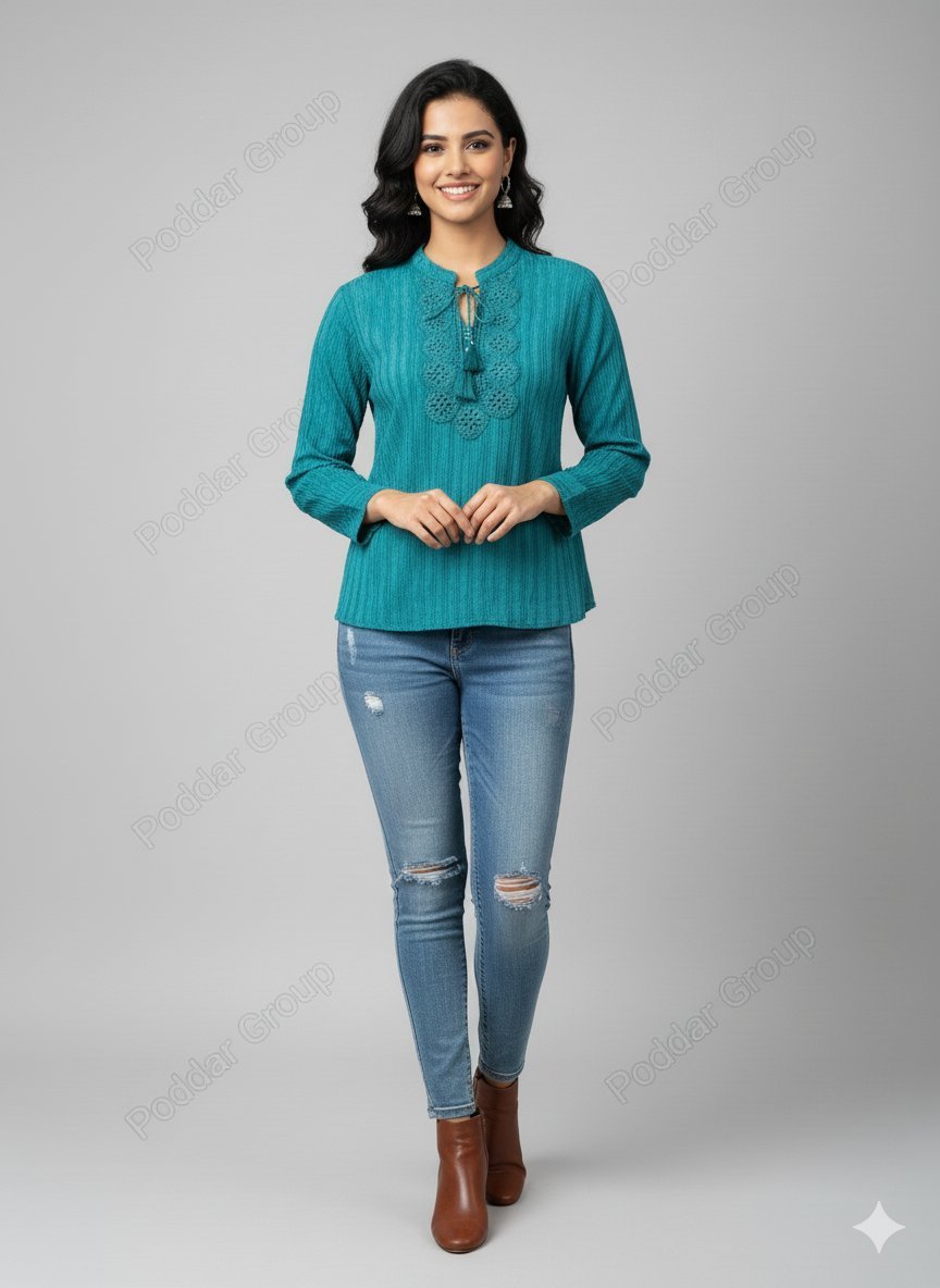 Bohemian Full Sleeve Top with Tassel Tie