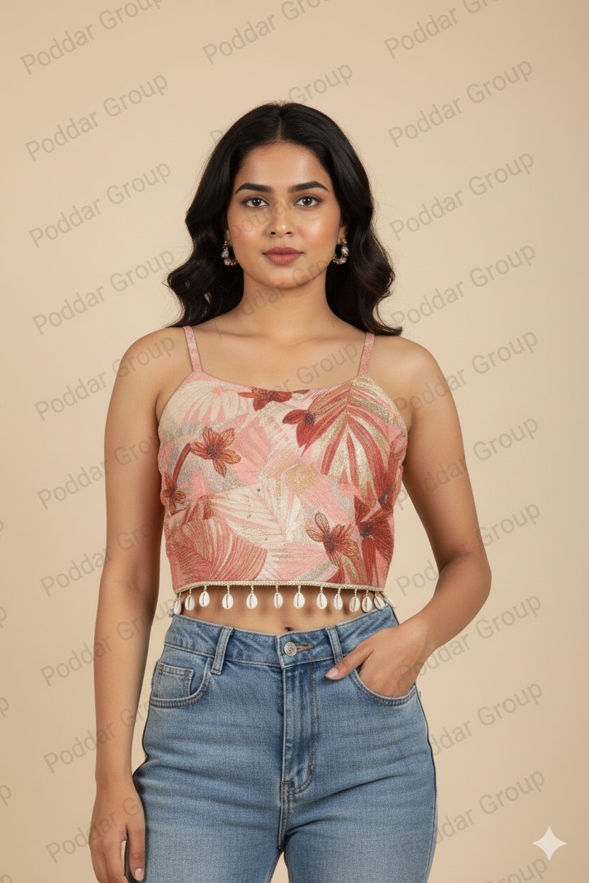 Tropical Print Crop Top with Shell Fringe Detail - Image 2
