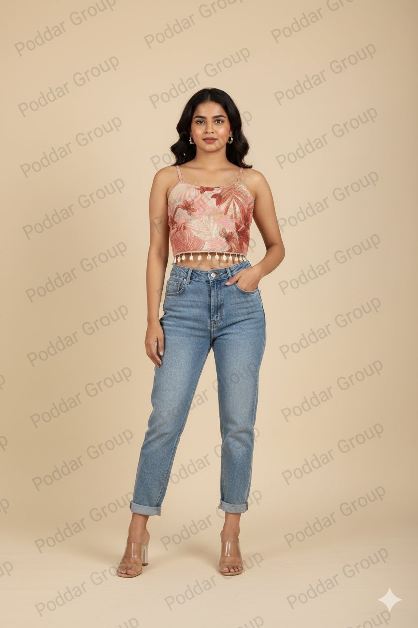 Tropical Print Crop Top with Shell Fringe Detail