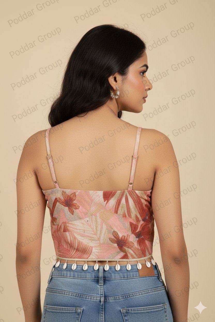Tropical Print Crop Top with Shell Fringe Detail - Image 3