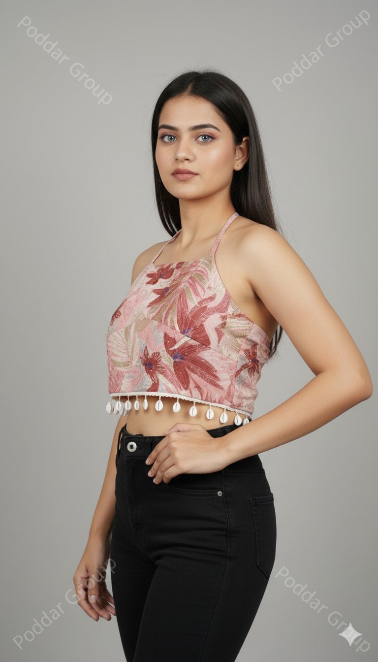 Tropical Print Crop Top with Shell Fringe Detail - Image 4
