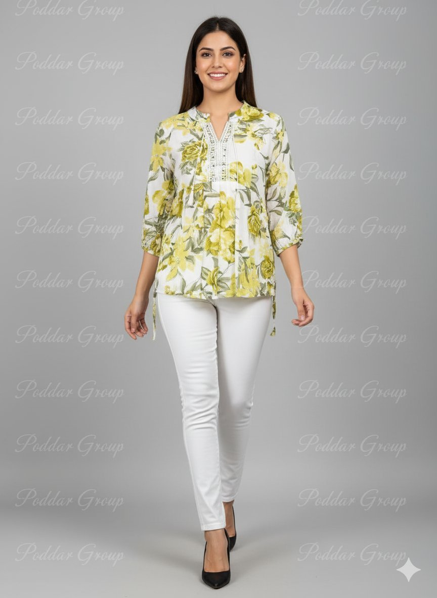 Fresh Lime Green Floral Print Peplum Tunic - Image 3