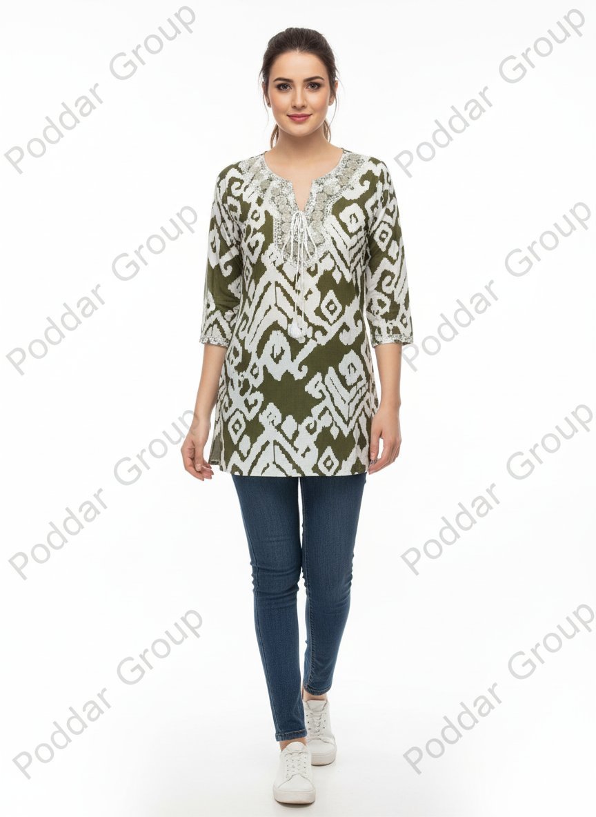 Chic Olive Green & White Ikat Print Tunic