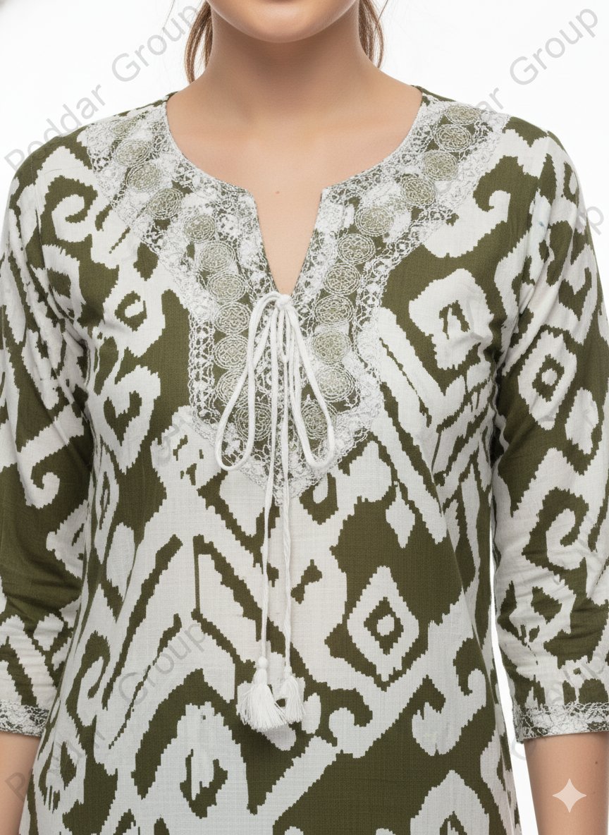 Chic Olive Green & White Ikat Print Tunic - Image 2